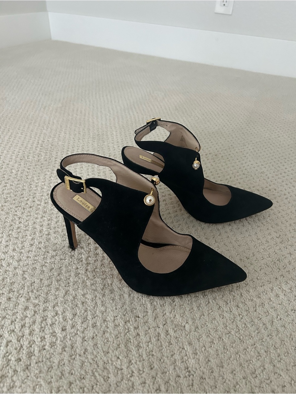 Louise et Cie Black Suede Leather Pointed-Toe Slingback Heels with Pearl, 8.5/39
